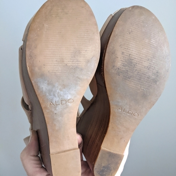 aldo Nude Leather Platform Sandals Wood Wedge Heel 7.5 - Picture 6 of 11